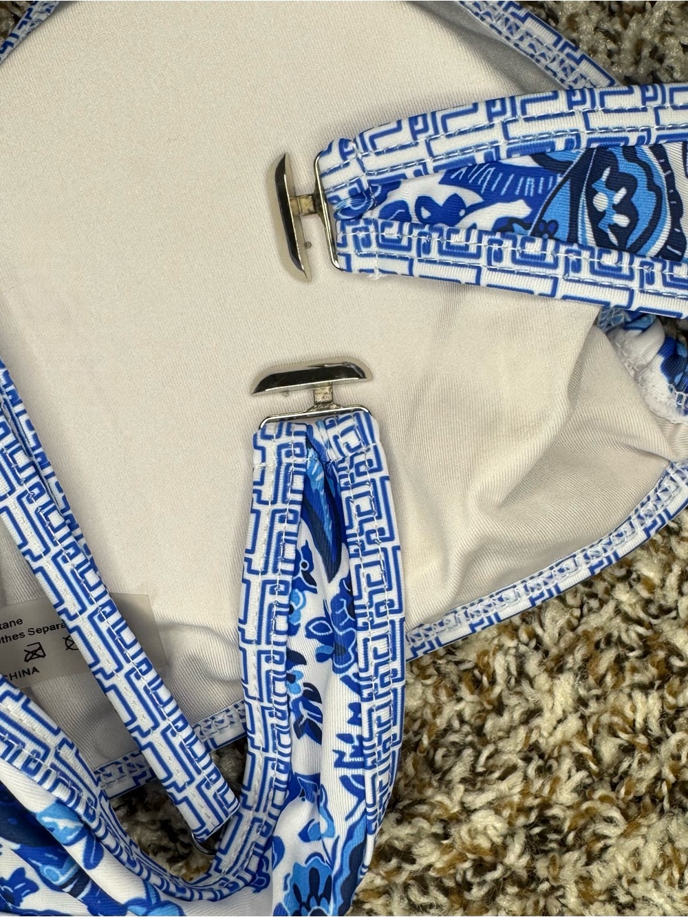 Blue White Floral Bikini Set Womens Large Cutout High Cut Swimsuit Two Piece - Picture 7 of 11